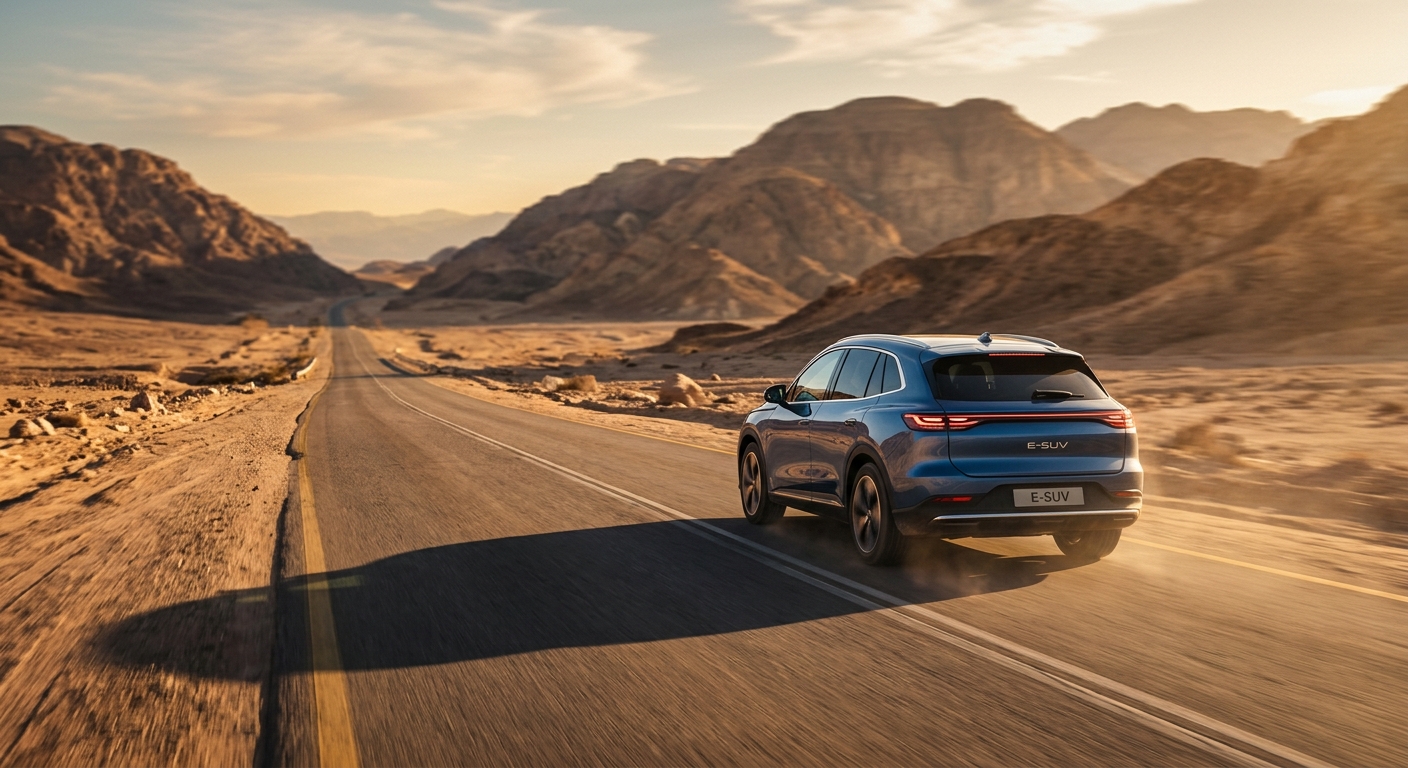 רכב פנאי שטח חשמלי (E-SUV) בצבע כחול נוסע על כביש מדברי פתוח על רקע הרים בשעת שקיעה